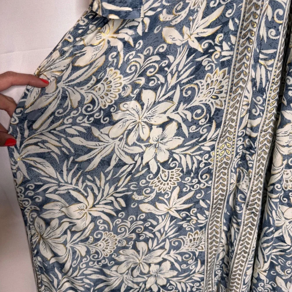 Blue Gold Floral Foil Art Silk Kimono Kaftan Maxi Dress Boho Tassel‎ Slits